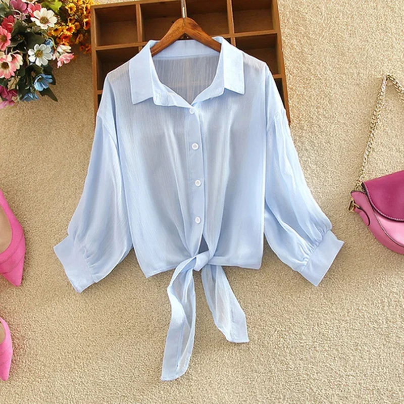 Blusa informal holgada de gasa con media manga para mujer, camisa con botones, cintura atada, primavera y verano, 9776