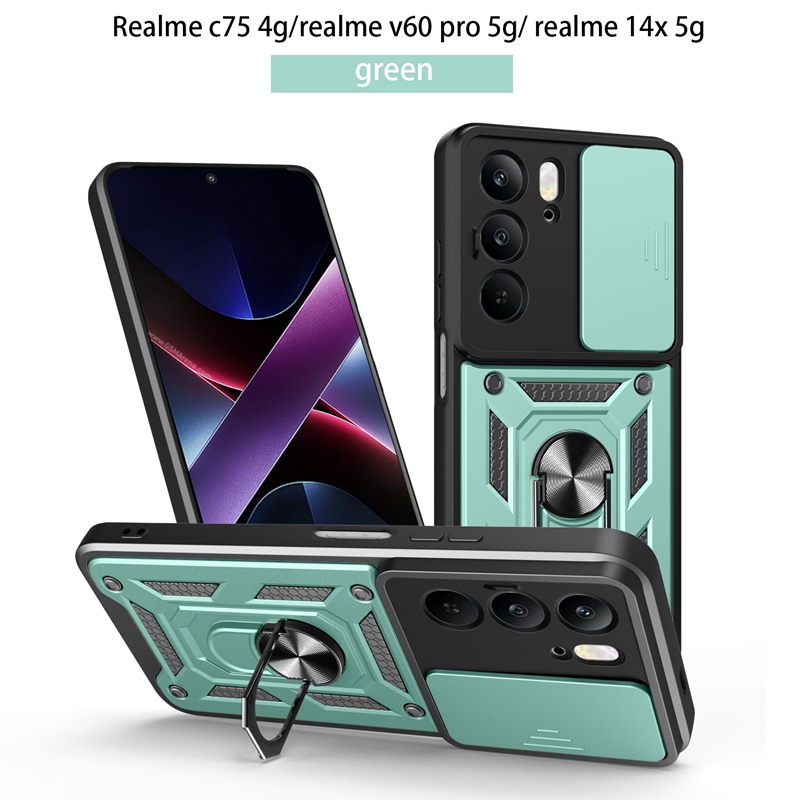 Magnetic Ring Holder Armor Case for OPPO Realme C75 C 75 RealmeC75 4G Slide Camera Protect Cover For Realme 14X 14 X Realme14X: Dark Red / Realme C75