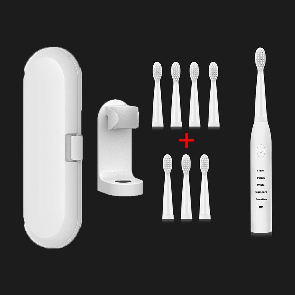 Ultra Schall- Schall- Elektrische Zahnbürste Wiederaufladbare Zahn Pinsel Waschbar Elektronische Bleichen Zähne Pinsel Erwachsene Timer Zahnbürste: Weiß 8 Kopf einstellen