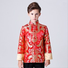 Children's Tang Red Satin Cheongsam Top Chinese Dress Boy Qipao Top Year'S Clothing Host Performance Costume Winter
