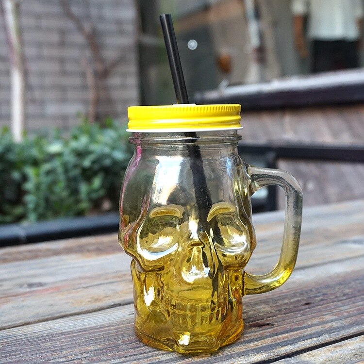 Creatieve Stro Glas Schedel Gradiënt Kleur Handvat Cup Meisje Kid Transparante Mason Bier Melk Thee Sap Melk Drinken Met Cover cup: Yellow