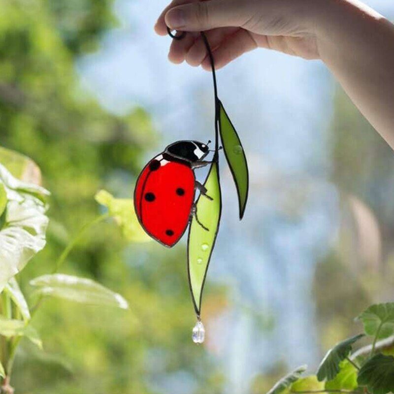Ladybug Suncatcher Stained Glass Window Wall Door Hangings Family Office Car Decoration for Garden Ornament