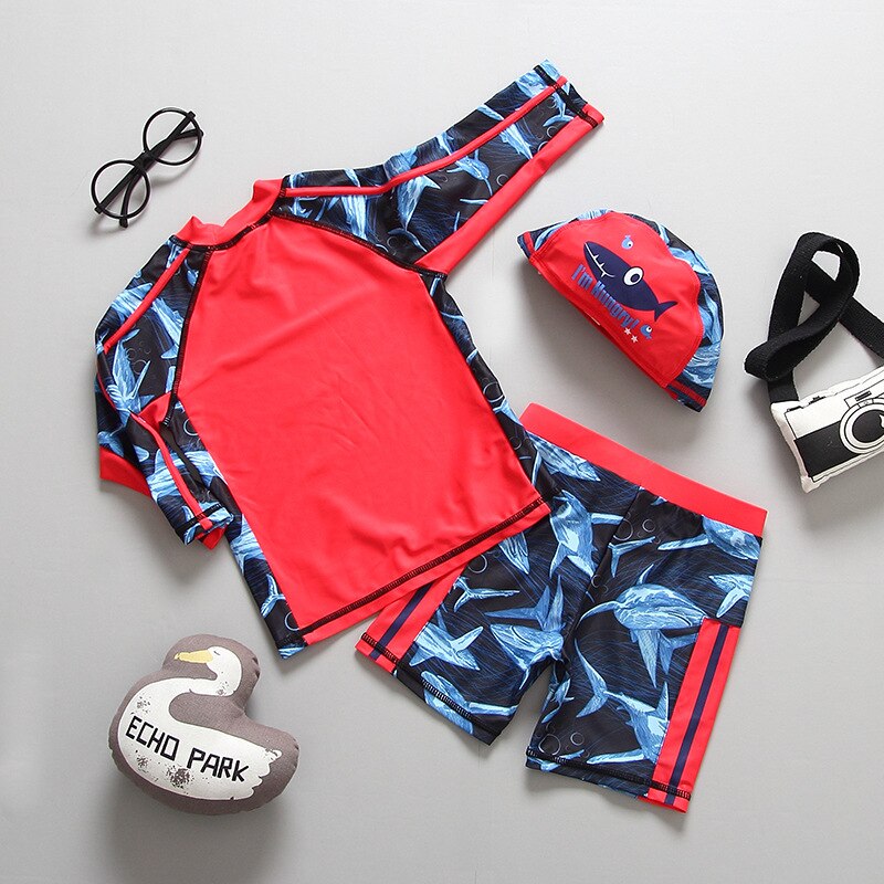 Swimwear for Kids Boys Children's Swimsuit for Boy Shark Print Long Sleeves Sun UV Protection 3 Pieces Child Bathing Clothes