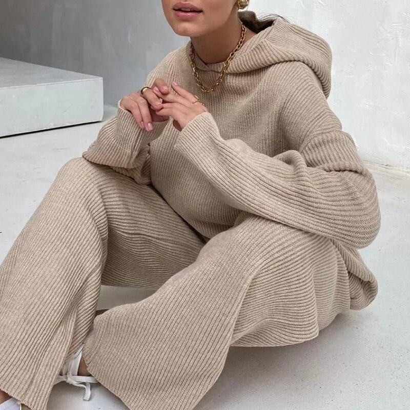 Two-piece Casual Hoodie Sweatshirts Suit Leisure Autumn Winter Pullovers Women Sets Knitted Warm Trousers Outfits: apricot / XL