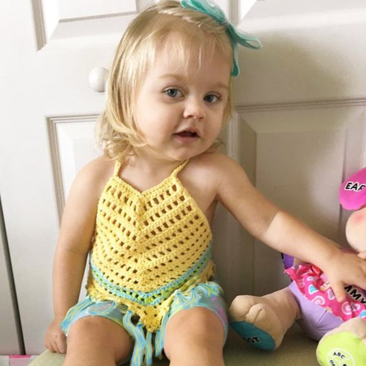 Søde solide spædbarn toddler pige baby sommer hæklede romper jumpsuit legetøj tøj outfits: Gul / 6m