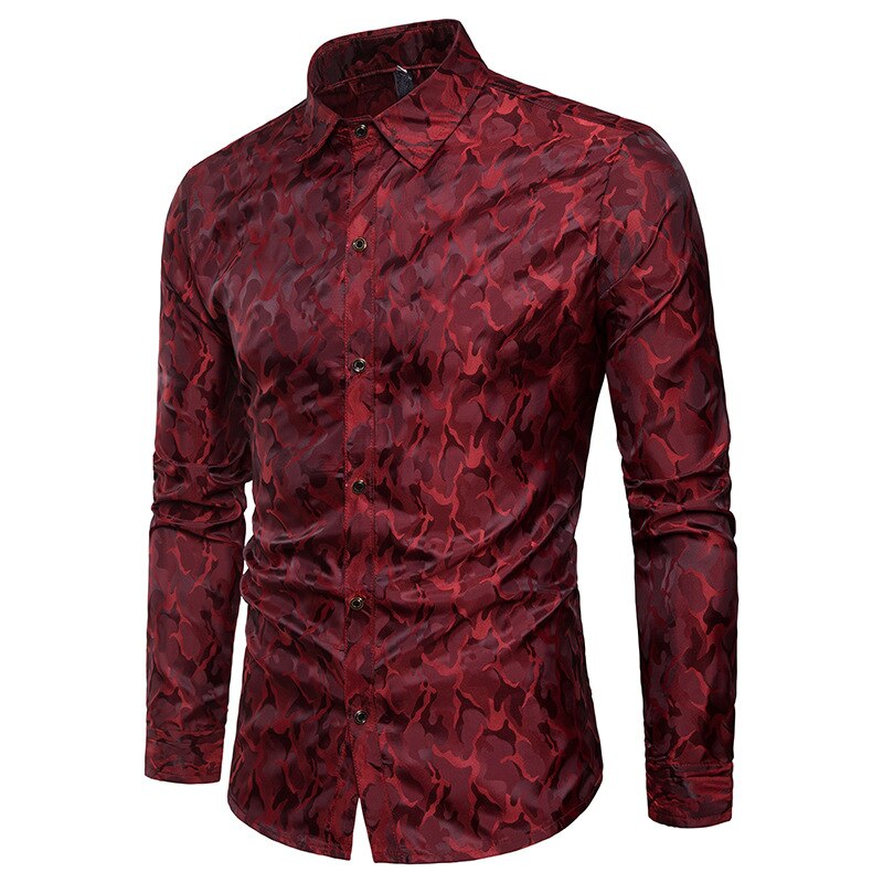 Silke satin skjorte herre mærke glat smoking skjorte skinnende camouflage print brudekjole skjorter afslappet slim fit lilla skjorte: Rød / Xxxl