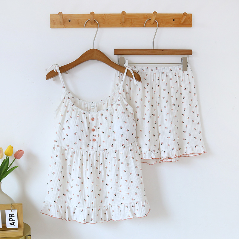 Japanese Summer Women's Pajama Set 100% Cotton Crepe Cloth Ladies Suspender+Shorts Two Piece Home Furnishing Set: XL / black