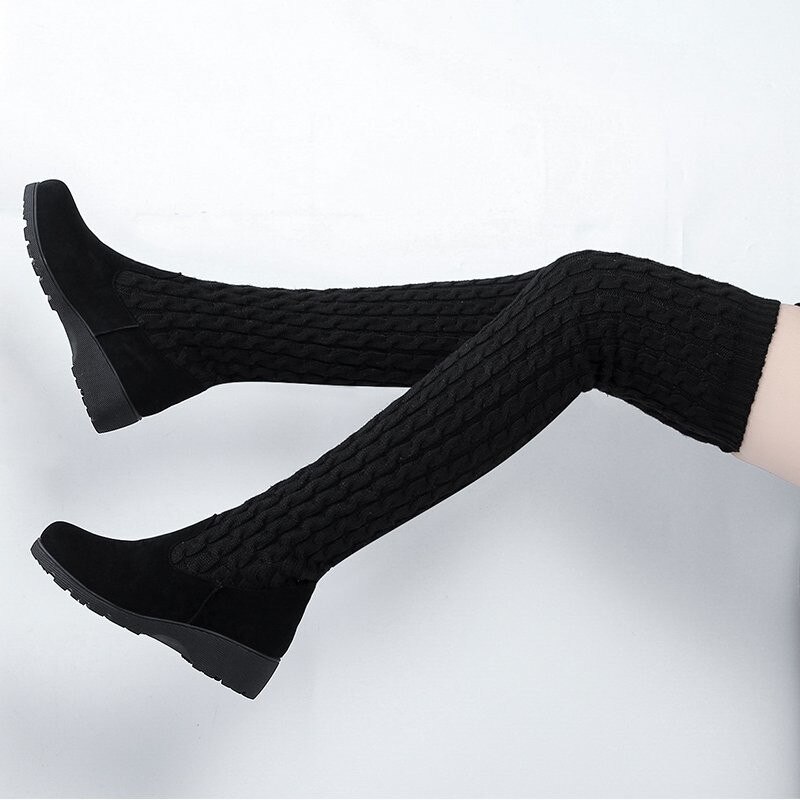 Smala ben spispipa lår höga stövlar kvinnor elastisk flock lång botte låg klack över knä botas vinter stretch strumpor stickning