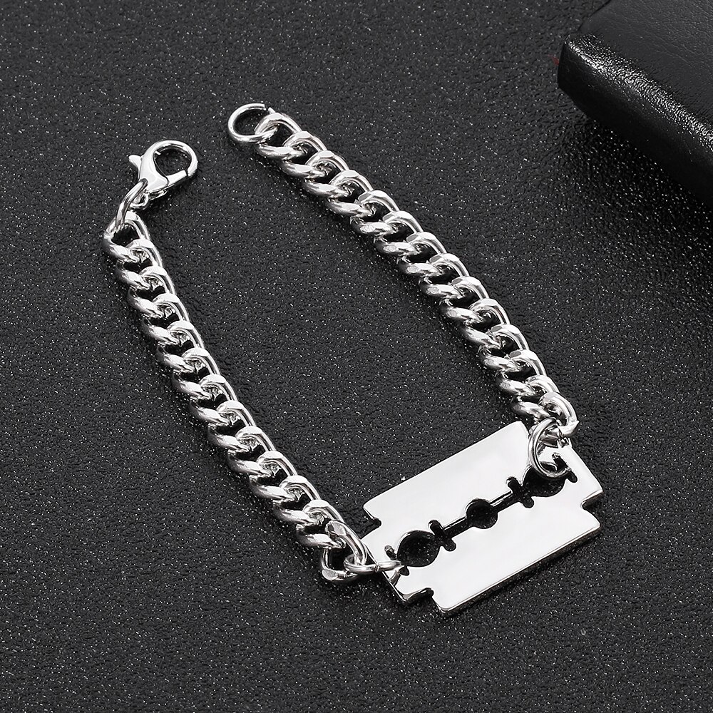 Punk Hip Hop Razor Blades Shaped Pendant Bracelet Men Silver Color Miami Curb Thick Choker Bracelet Jewelry Husband