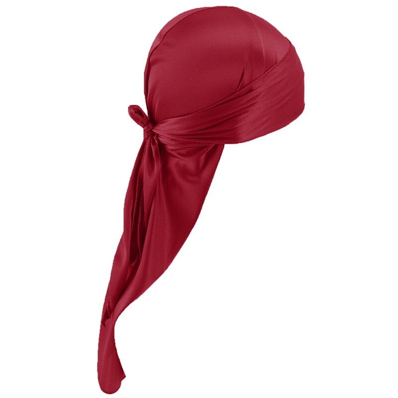 Satin Men Stretchy Cap Hip Hop Wigs Turban Bandana Headwear Toe Cap Solid Color Long Pirate Hat Tie Down Tail Hair Accessories: wine red