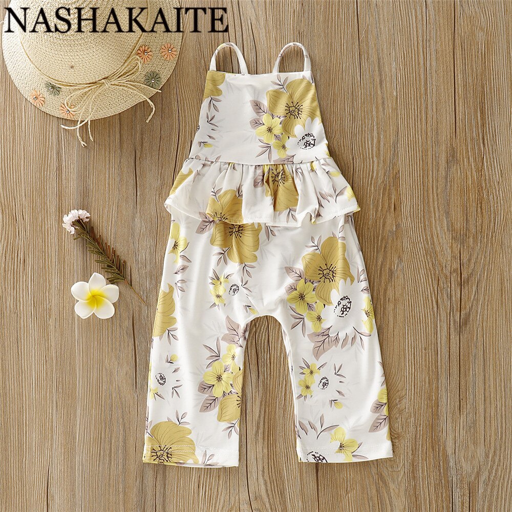 NASHAKAITE Del Bambino Del Bambino Delle Ragazze Tuta Giallo Stampa Floreale Delle Increspature Backless Tute E Salopette Scherza il Pagliaccetto Outfit Per 1-5Y