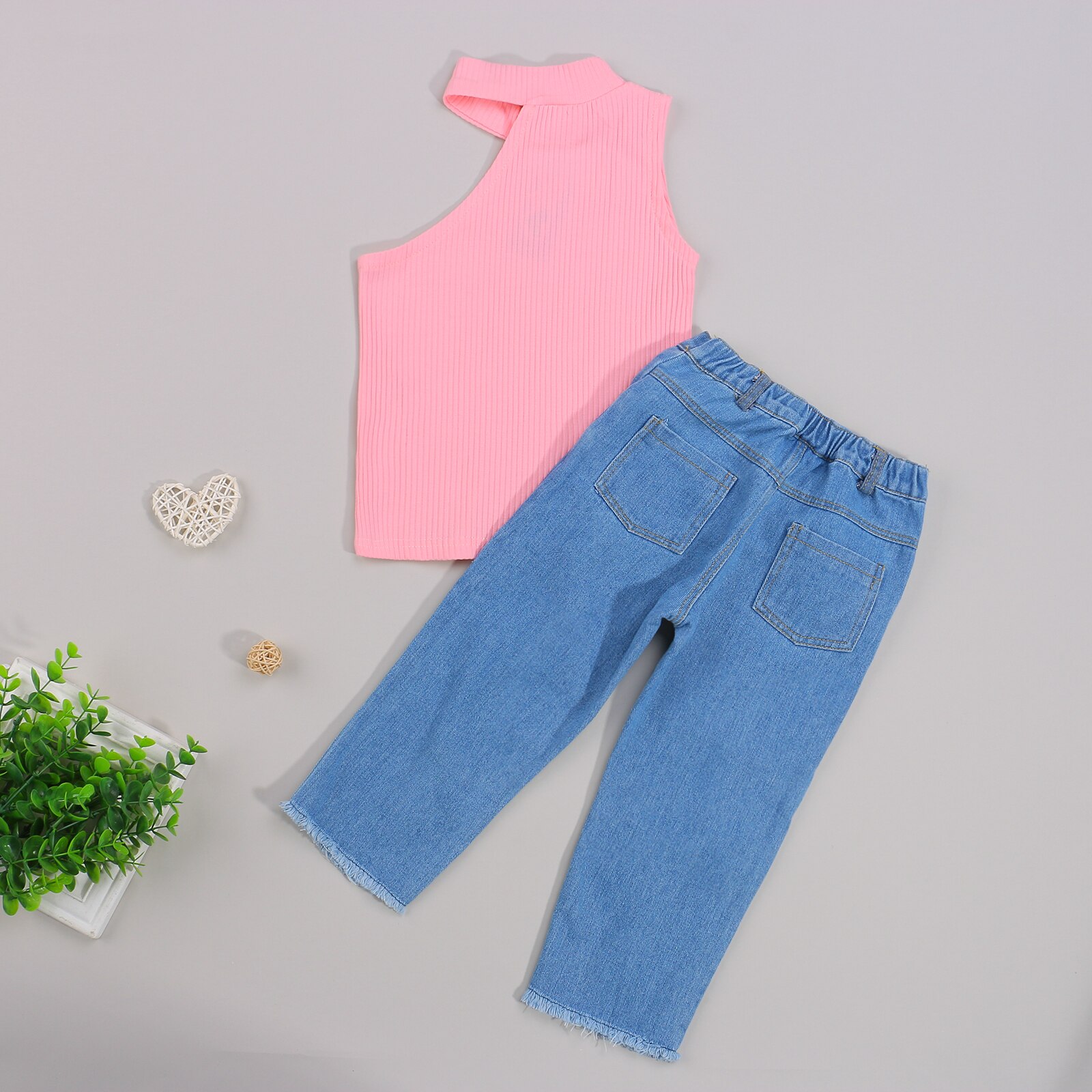 Conjunto de ropa de para niñas de 1 a 6 años, top de punto sin mangas con hombros descubiertos y pantalones vaqueros rasgados, ropa de verano para niñas