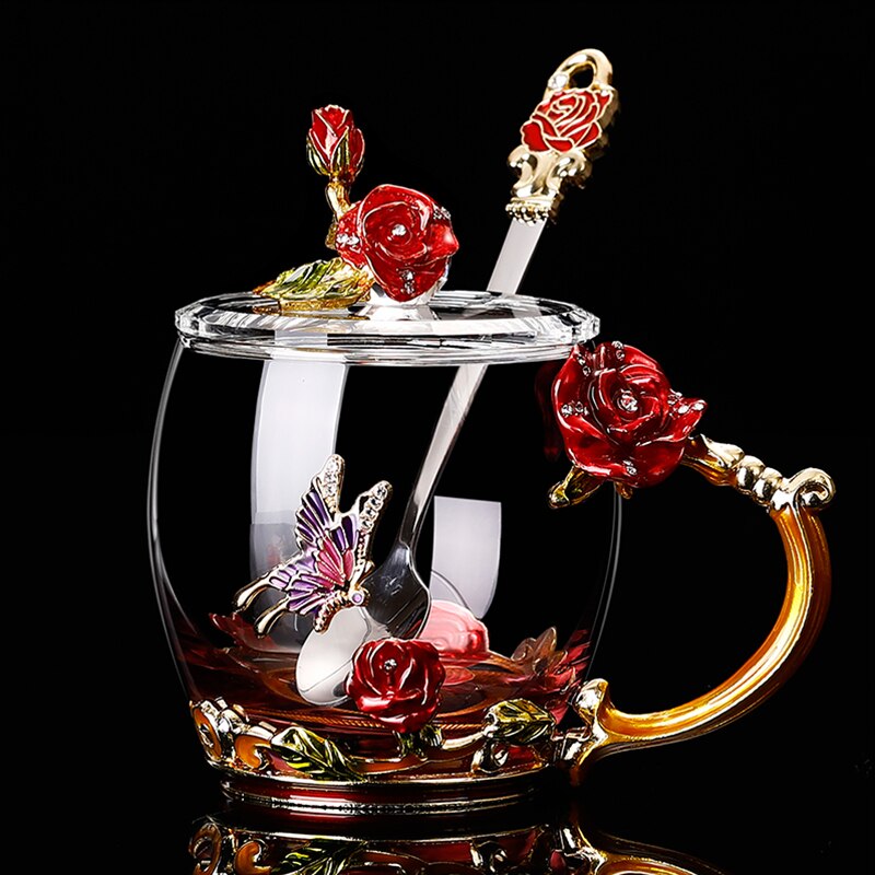 Glass Coffee Mug Tea Cup Enamel Crystal Flower High-grade Handgrip for Lover Wedding R2078: Red 5