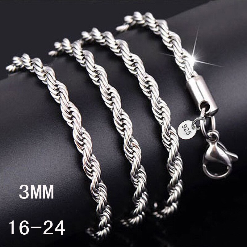 2-4MM Silver plated Twisted Rope Chain For Women Men Silver Choker Necklaces Jewelry 16-30 Inches: 3MM / 26inch(65cm)