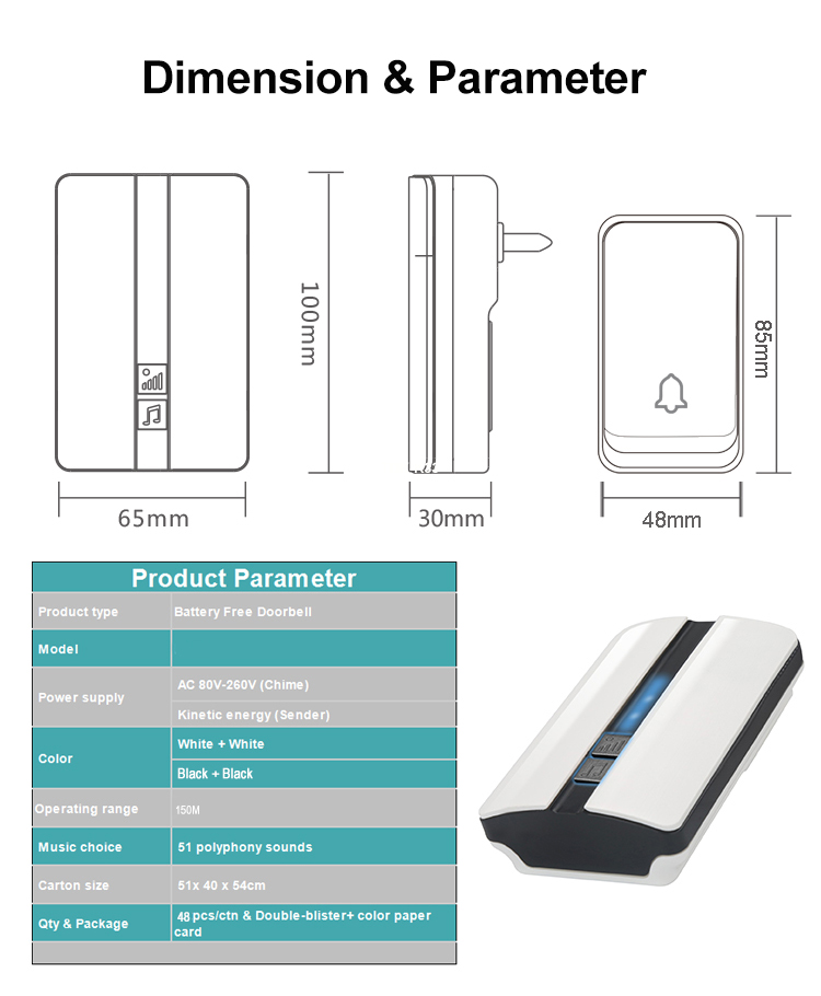 Timbre inalámbrico autoalimentado, No requiere batería, timbre de puerta, 51 tonos de llamada, timbre de enfermería impermeable para exteriores sin batería