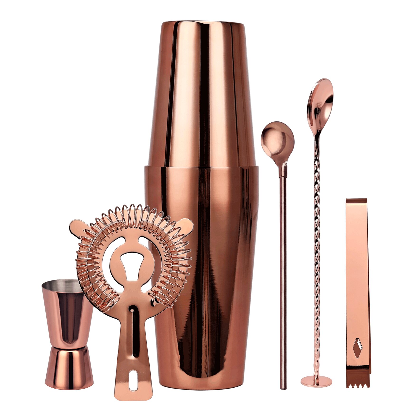 Rosa guld 6- -delt boston cocktail shaker sæt, bartender kit, til blandede drinks martini hjemmebar værktøjer, velegnet til begyndere: Rosa guld boston