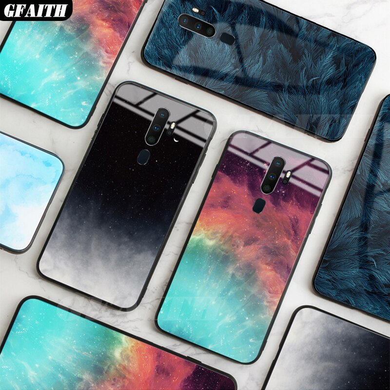 GFATIH Für OPPO A9 Fall Feder Print Starry Sky Gehärtetem Glas Telefon Fall Für Oppo A5 Abdeckung funda