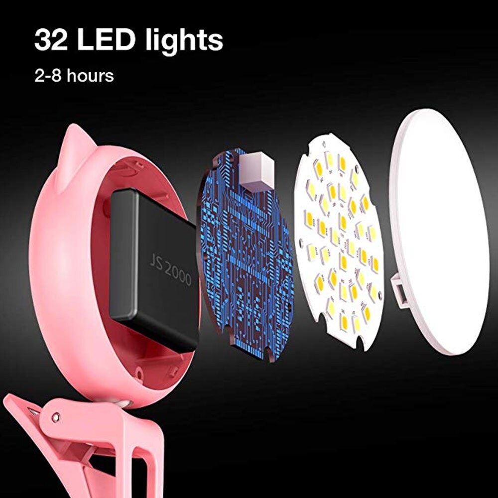 Selfie Ring Light LED Rechargeable Clip on Ring Light with 3 Brightness 32 Bulbs Mini USB Fill Light for Makeup Phone