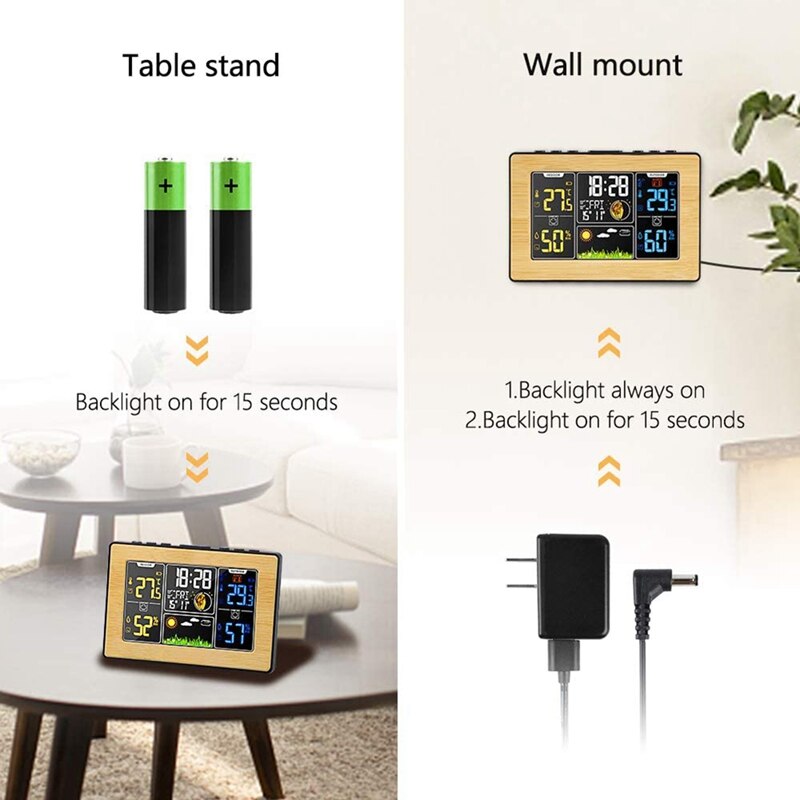 Bezprzewodowy wewnętrzny termometr zewnętrzny, stacja prognozy z kalendarzem i regulowanym podświetleniem dla sypialni-żółty bambus
