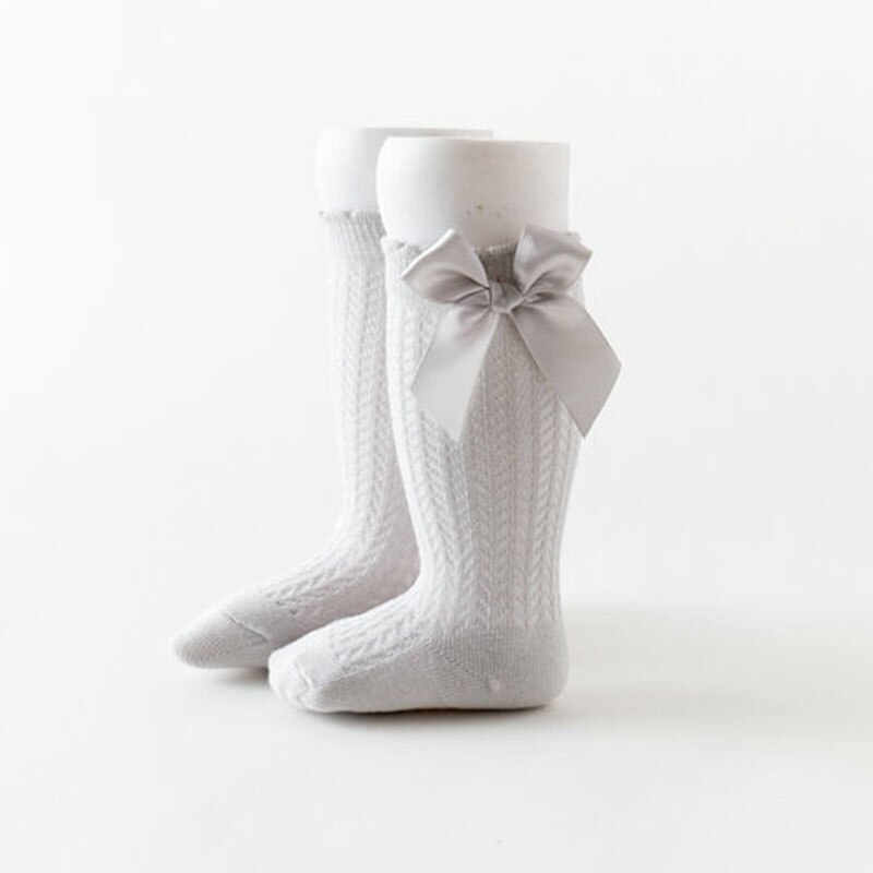 Chaussettes d'été pour bébé fille, avec nœuds, en maille, pour -né, hautes, respirantes, couleur unie, douces, en coton, pour nourrissons: grey