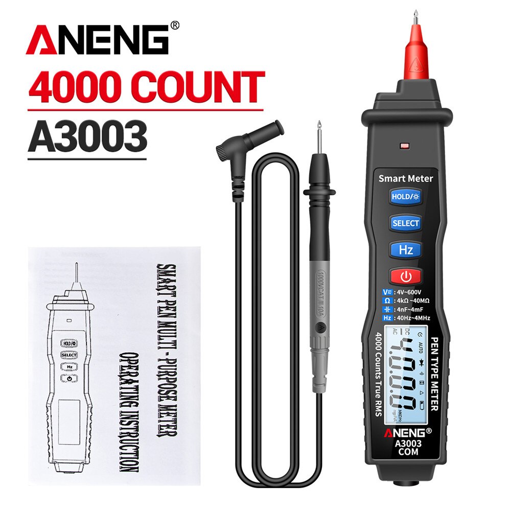 Aneng  a3003 digital pen multimeter 4000 tæller smart meter med ncv ac/dc spændingsmodstand kapacitans testere: Sort