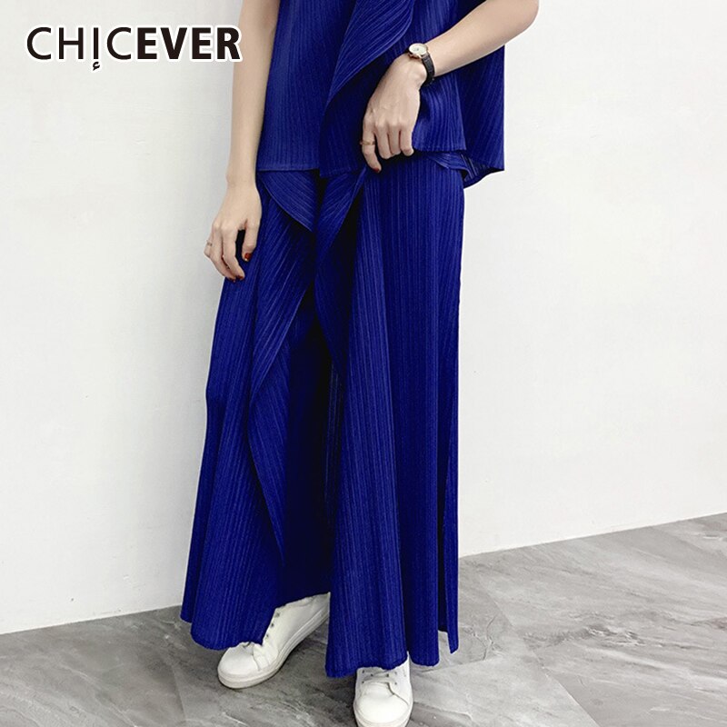 CHICEVER-Pantalones lisos de cintura alta para mujer, pantalón informal, liso de talla grande, fruncido, de pierna ancha, ropa de , estilo
