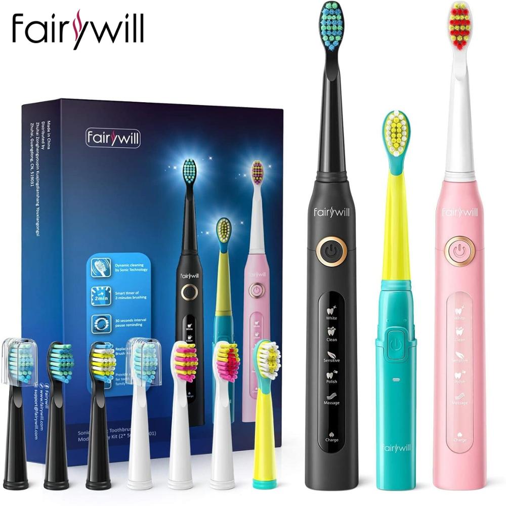 Fairywill Sonic Electric Toothbrush Rechargeable Smart Timer 5 Modes USB Charger Cleaning Brush Replacement 3 Brush Heads Adult: Family Set