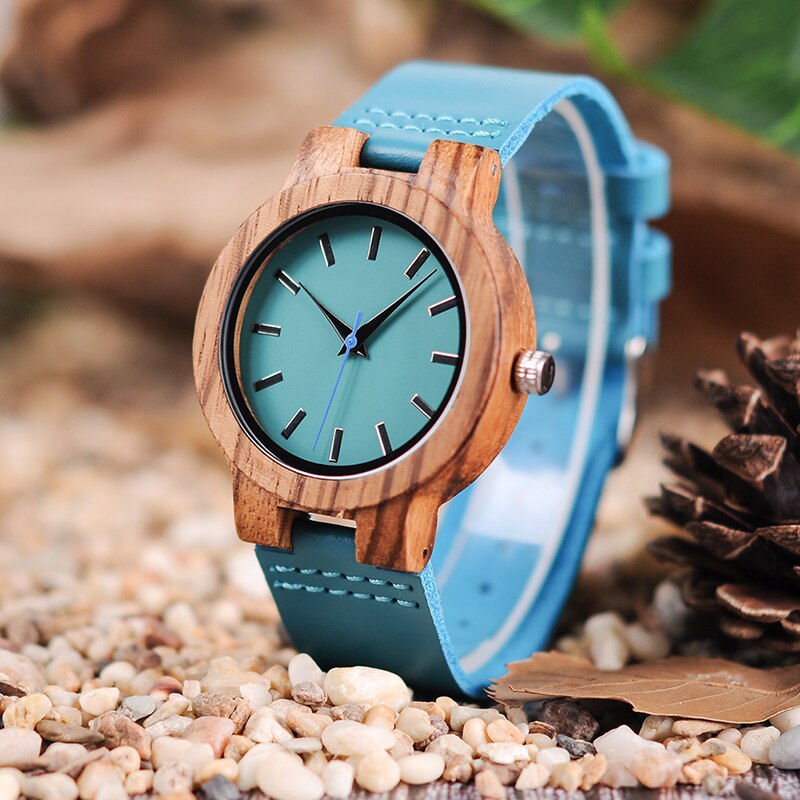 BOBO VOGEL Paar Horloge Hout Horloge Turquoise Blauw Dames Uurwerk Horloge in Doos Anlaogue Display Relogio J-C28