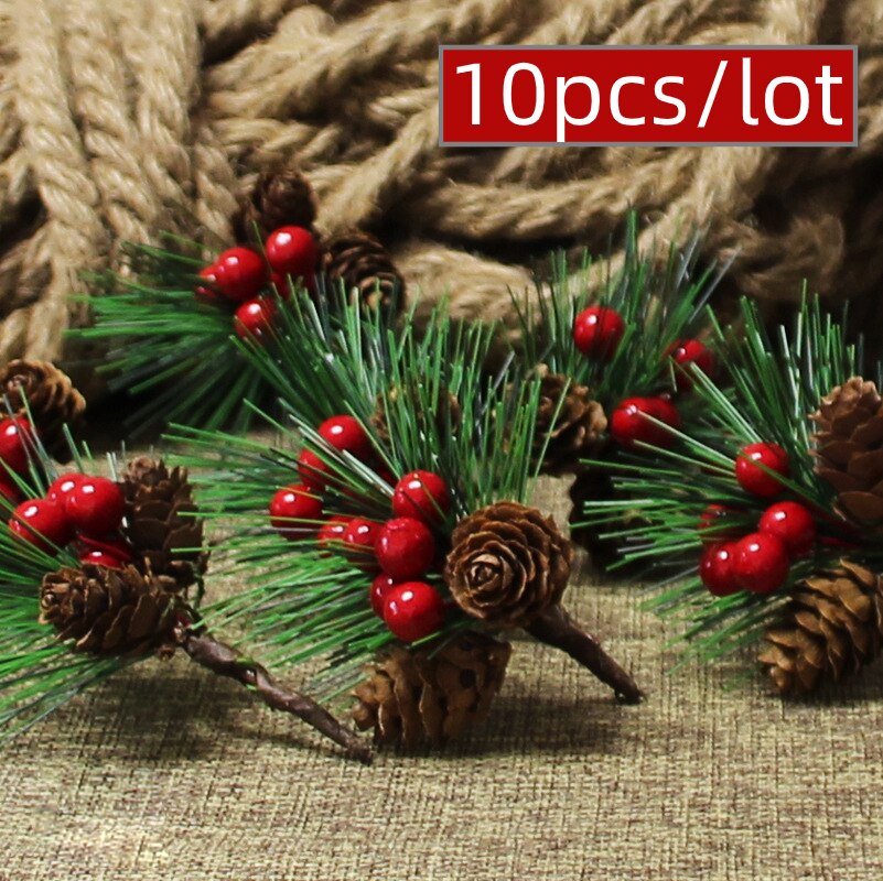10pcs Artificial Flower Red Christmas Berry Pine Cone With Holly Branches Mini Christmas Tree Decoration Home Decor Flower Craft: b 10pcs