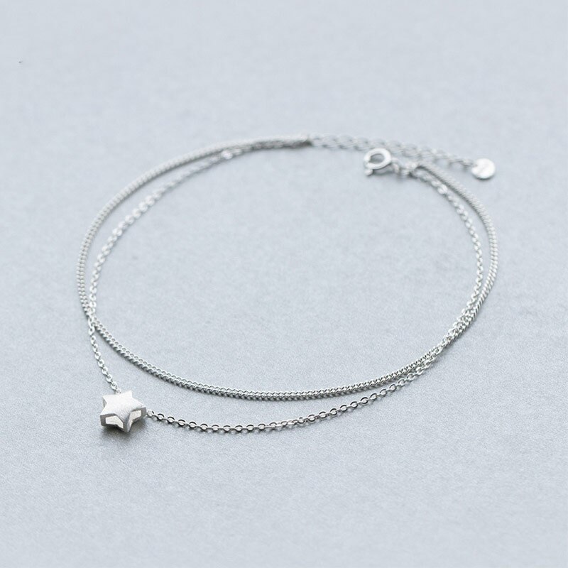 100% 925 Sterling Silver Due Strati Cavigliere Delle Donne A Piedi Nudi Crochet Sandali Fascino Dei Monili Piede Estate Gamba Catena Braccialetto Alla Caviglia