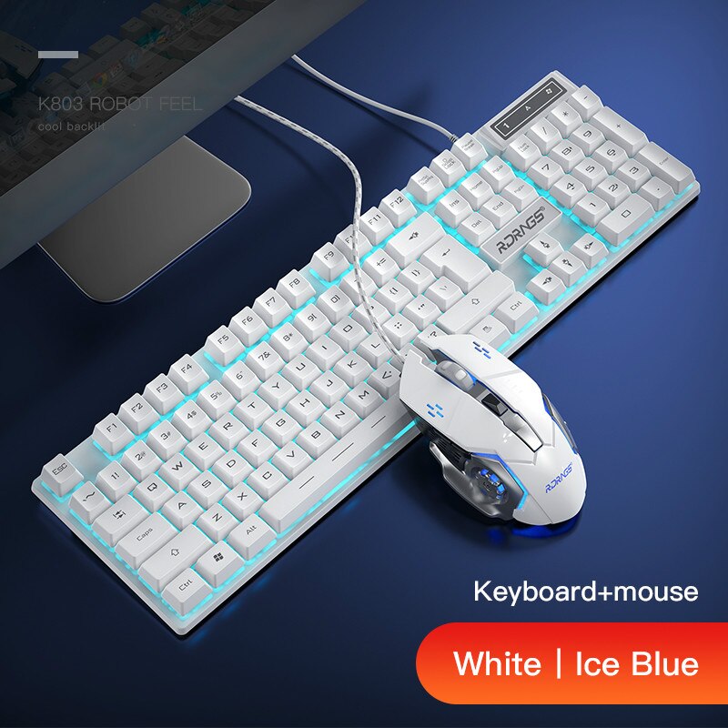 Gaming keyboard and Mouse Combos Wired Kit 104 Keycaps With RGB Backlight English keyboard Gamer Ergonomic Mause For PC Gamer: White blue light