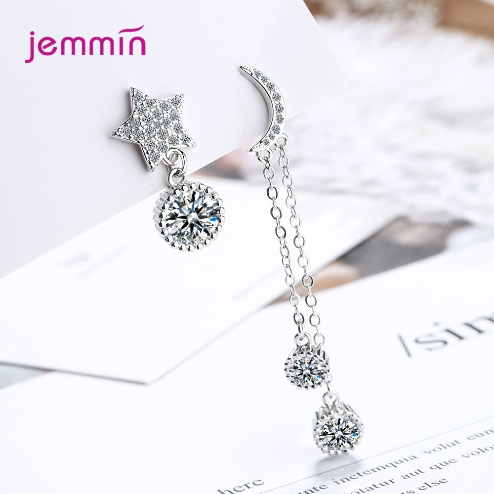 100% 925 Zilveren Oorbellen Voor Vrouwen Asymmetrie Aaa Shiny Cubic Zircon Moon Star Shape Sterling Sieraden Huwelijkscadeau