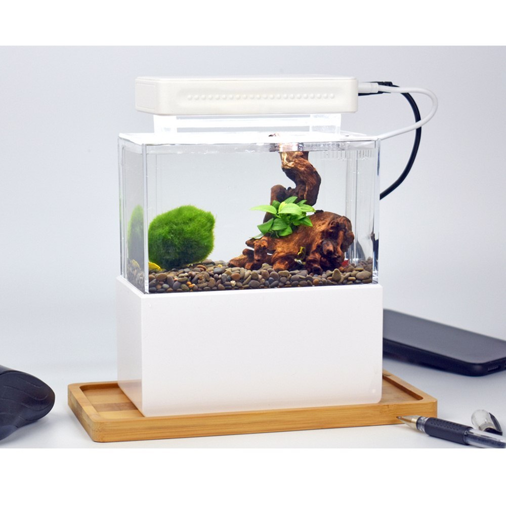 1L Mini Fish Tank Portable Fish Bowl Desktop Aquaponic Aquarium Betta Fish Bowl with Water Filtration LED Quiet Air Pump betta
