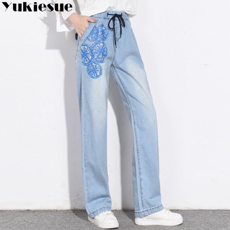 Jean denim imprimé Floral pour femme, pantalon ample, taille haute, jambes larges