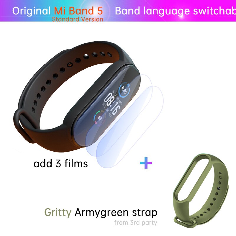 Xiaomi-Pulsera Mi Band 5 de fitness, reloj con monitor deportivo del ritmo cardíaco las 24 horas, carga magnética, sueño REM, siesta, pasos, natación, alarma de recordatorio,: STD n film a green