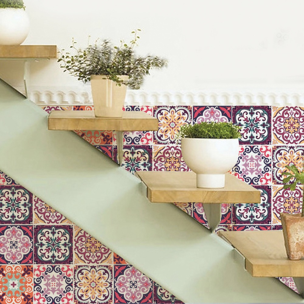 6 teile/satz Marokkanischen Stil Bunte Muster Hard Fliesen Boden Wand Aufkleber Home Decor Küche Bad Wc Dekoration Kunst Wandbild