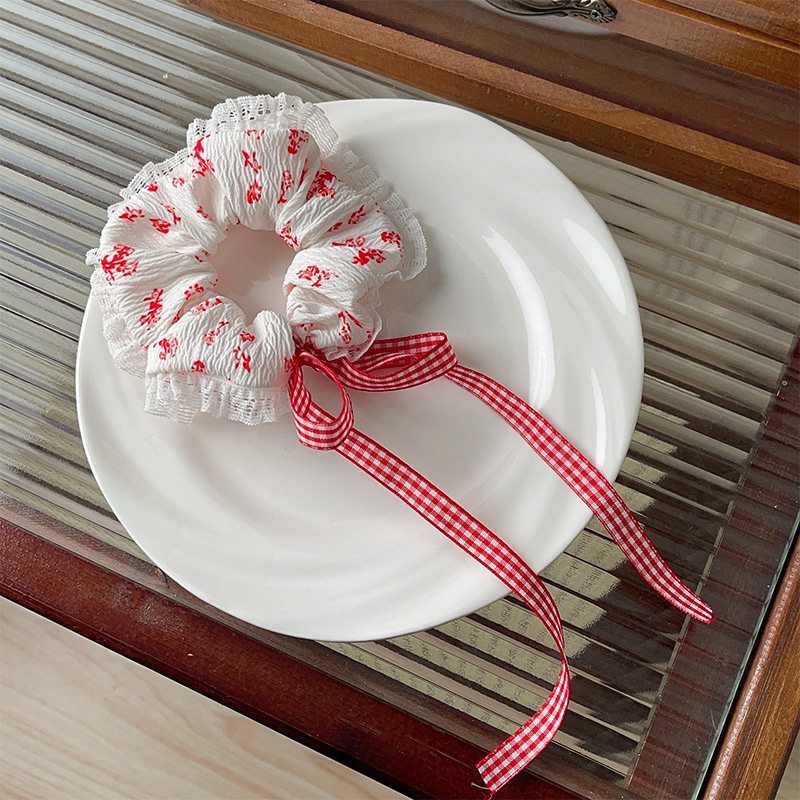 Nova primavera/verão floral grande scrunchie ballet-estilo tecido banda scrunchie renda doce de alta qualidade cabeça corda faixa de couro cabelo a: Vermelho