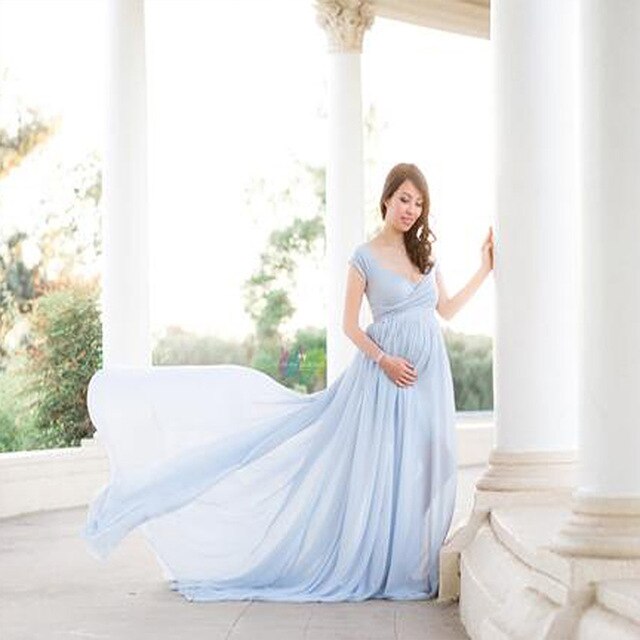 Mutterschaft aus Schultern Halbe Kreis Kleid für Baby Dusche Foto Requisiten Kleid Mutterschaft fotografie Requisiten Kurzarm V-ausschnitt Kleid: hell Blau / L