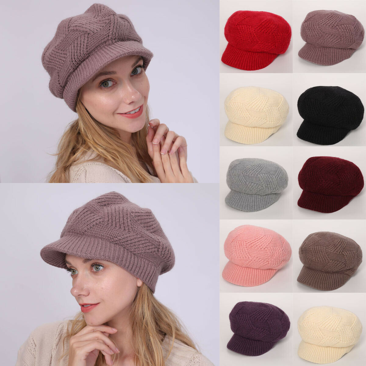 Women Winter Warmer Solid Color Crochet Hat Cap Peaked Visor Brim Slouchy Beret Knitted Hats