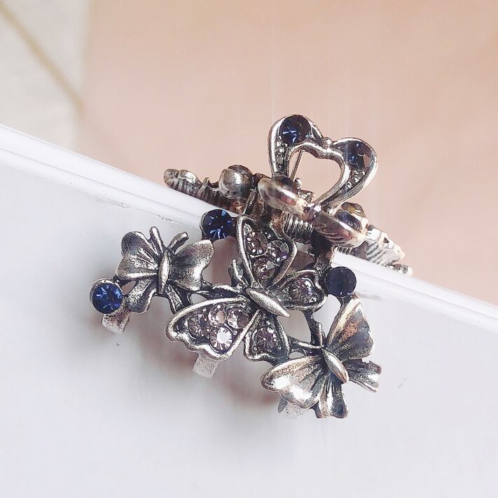 Morkopela-Pinza para el pelo de plata antigua para mujer, pinza para el pelo con diamantes de imitación pequeños, pinzas de Metal para el pelo, alfileres, accesorios para el cabello de mariposa: triple butterfly