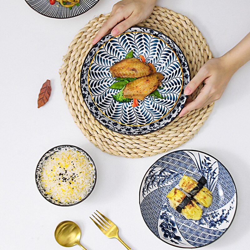 Vajilla de estilo chino con blanco y azul para pintar a mano de 8 pulgadas, platos de cerámica para fruta, ensalada, sopa