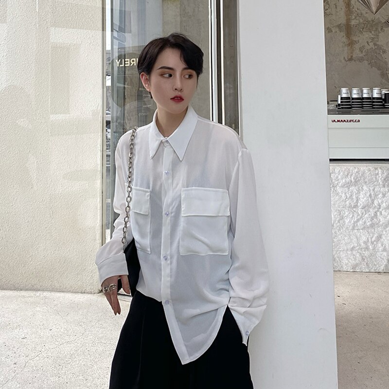 XITAO-Blusa holgada informal de manga larga para otoño, camisa blanca sencilla para mujer, con bolsillos que combinan con todo, estilo coreano, ZP1843,