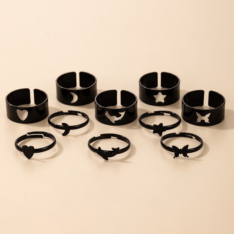 LATS-Anillos abiertos para mujer y niña, joyería gótica, Punk, negra, Vintage, Simple, Animal, mariposa, estrella, Luna, corazón, llama