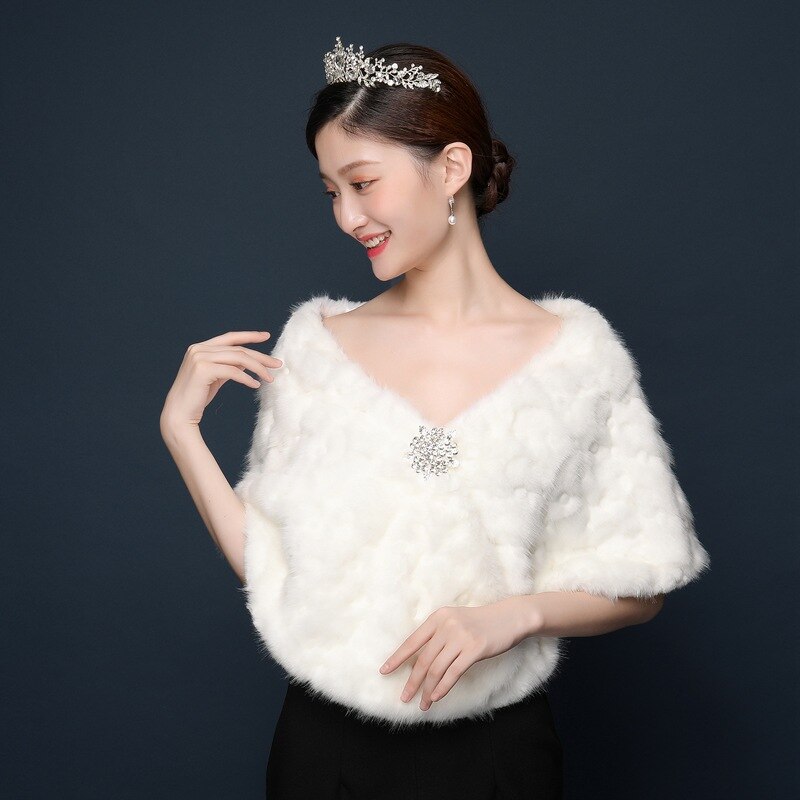neue Winter Auf Lagerbier Weiß Elfenbein Faux Pelz Jacke Hochzeit Braut wickelt Wärmer Frauen Schal Umhänge Mit Muffen zubehör