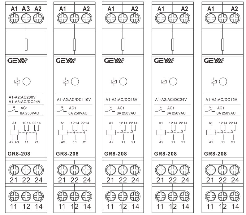 GEYA-interrupteur intermédiaire GR8, relais auxiliaire 8a, 16a, 1SPDT, 2SPDT, 3spdt, AC/dc 12/24/48V, 110V AC 230V