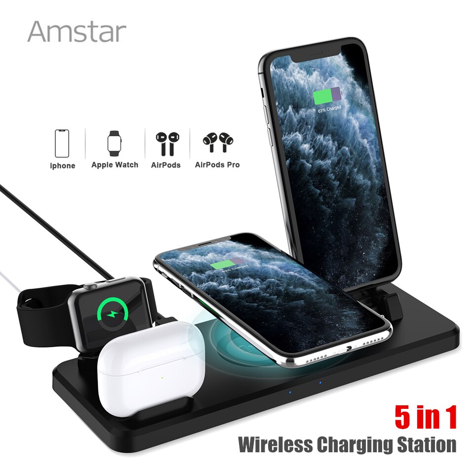 Amstar 5 in 1 Qi Drahtlose Ladegerät 15W Schnelle Drahtlose Lade für iPhone 12 11 Pro Max 12 Mini XS AirPods Pro für Samsung S21 S20