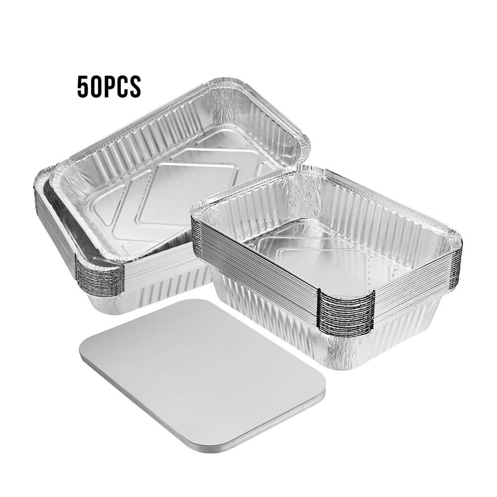 50 st 630ml engångsgrill med droppformar bricka aluminiumfolie matlåda fettfångare kastruller med lock