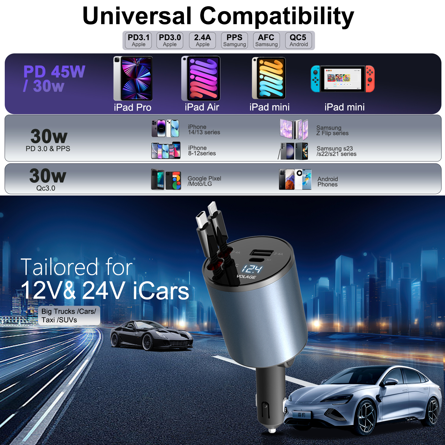 2024 Intrekbare autolader 4in1 Snelle autotelefoonoplader 100 W Intrekbare kabels 2 USB-poorten Autolader voor alle smartphones