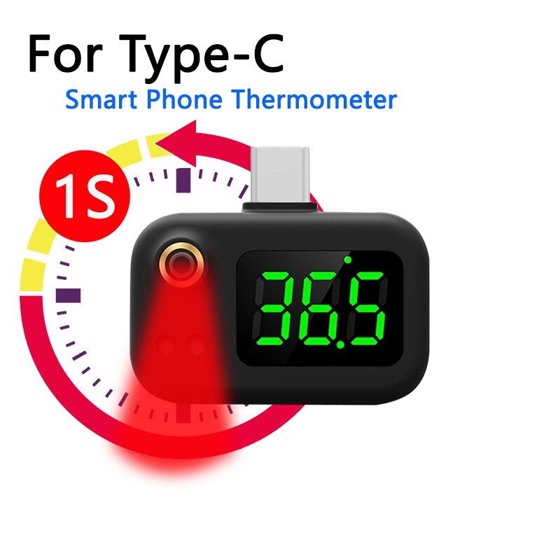 Mini Thermometer For Cell Phone Non-contacting Digital Infrared Thermometer Measurement USB Type-C Work With Android IOS Phone: Black TC