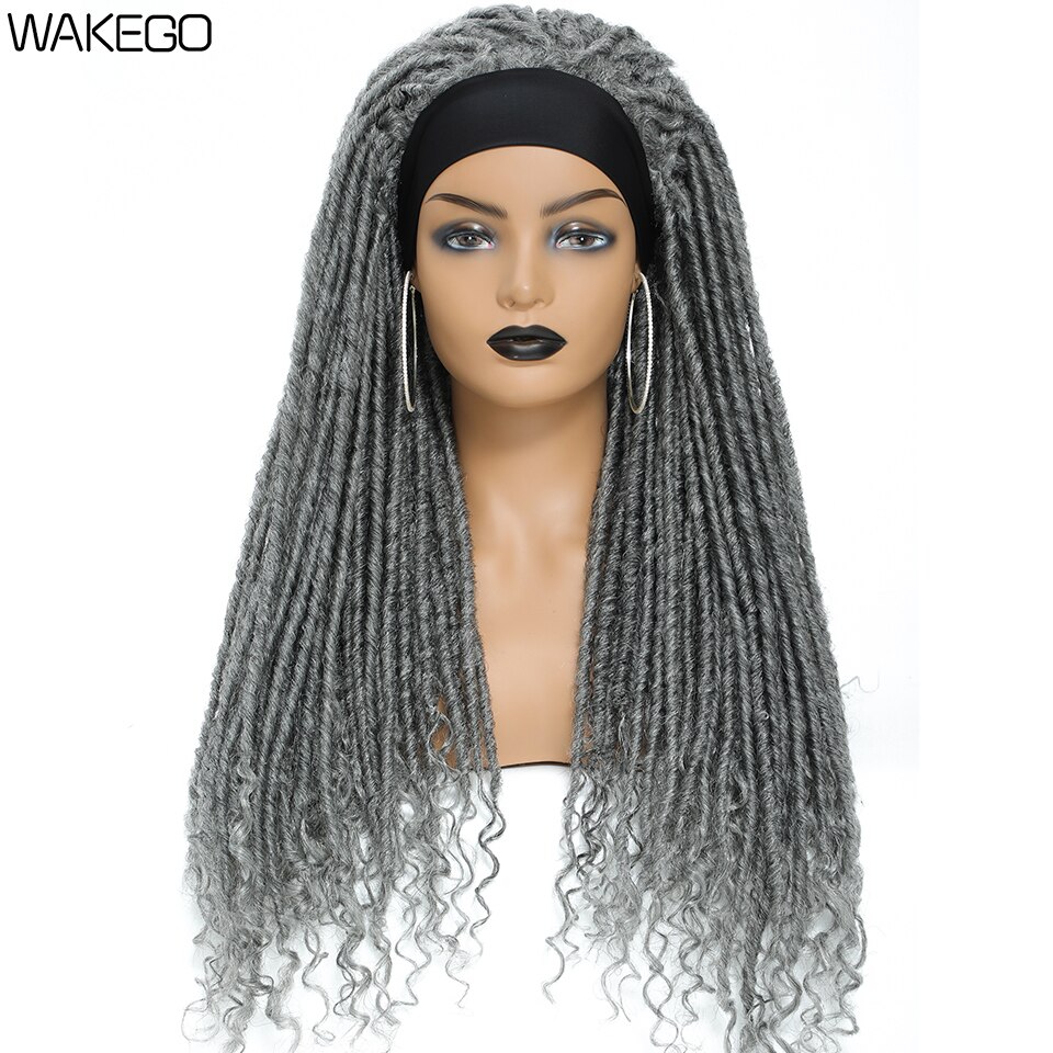 Wakego Wig Ombre Headband Wig 1B/1B 27/1B 30/1B Grey Colors Dreadlock Wig Turban Wig Curly End Goddess Faux Locs Braided Wig: 1B Grey Color